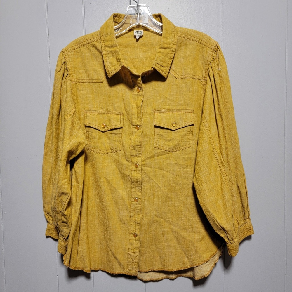 Ivy Jane Women's Yellow Button Front Cotton Textured Long Sleeve Shirt Size S